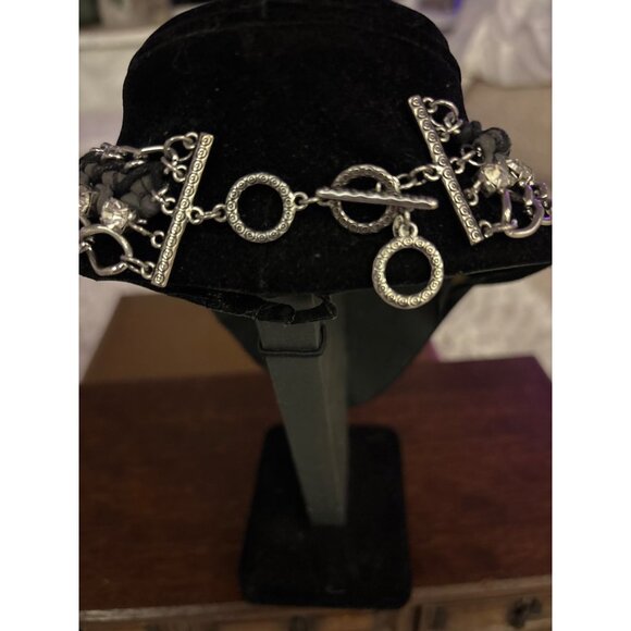 Chunky Silver Chain Necklace With Rhinestone & Black Suede Detailing - Picture 7 of 8